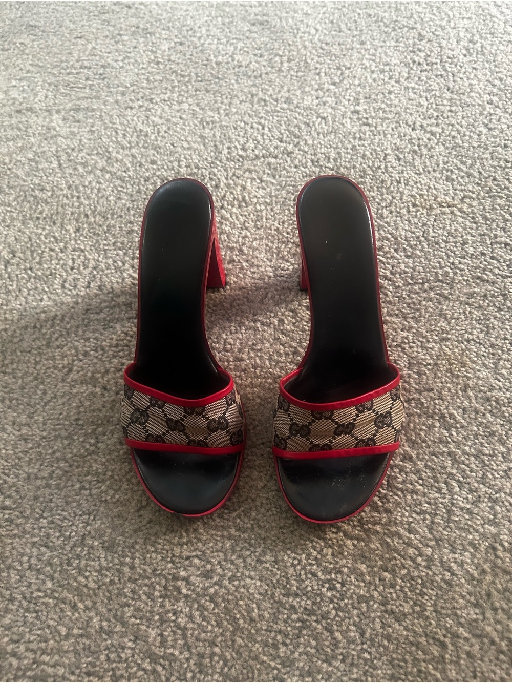 Authentic Gucci Beige  Monogram Slide Heels with Red Trim
